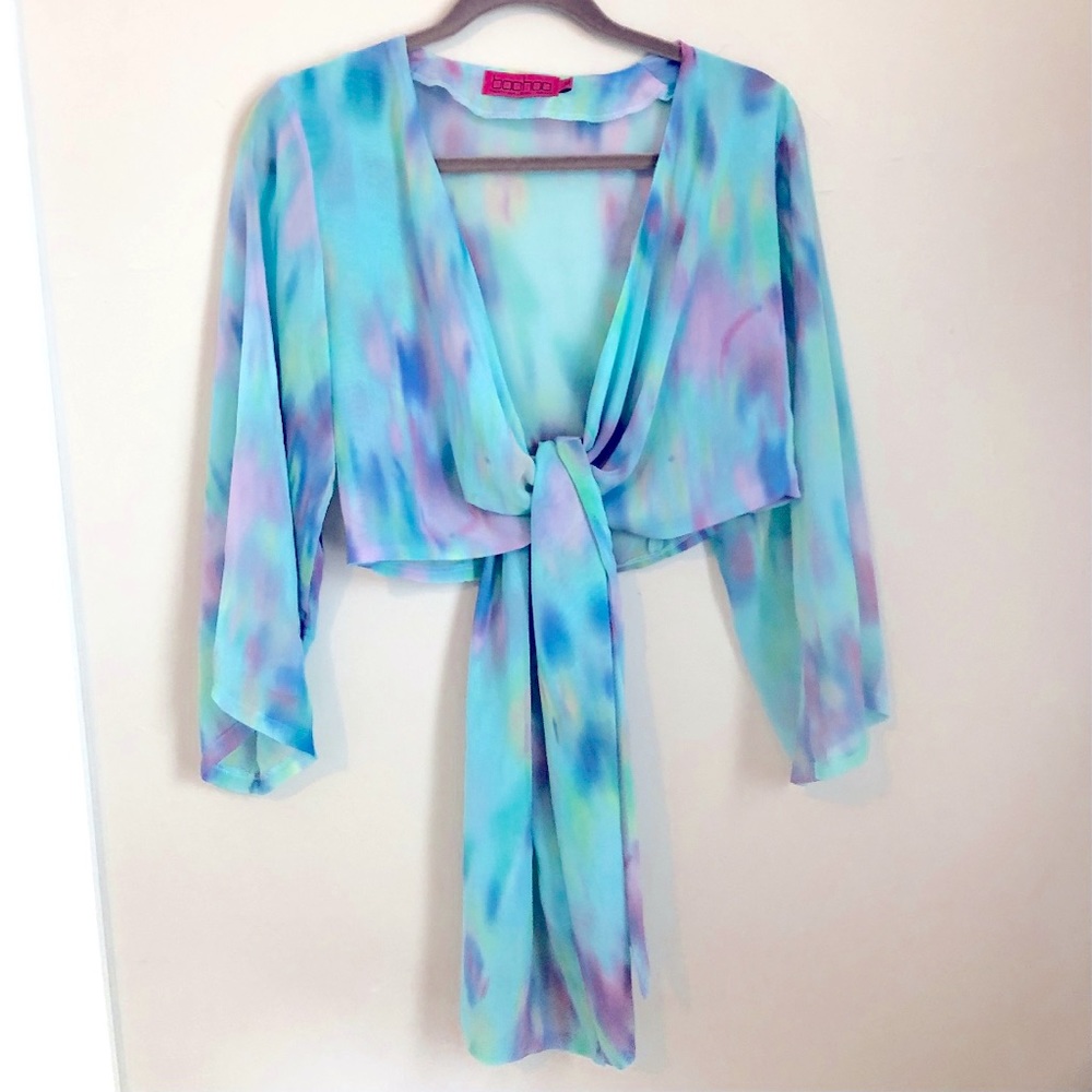 Blue multicolor sheer tie top